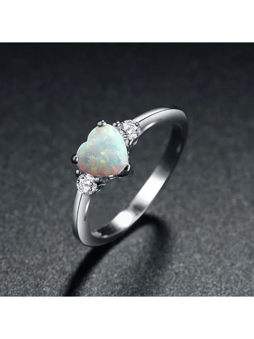 Sterling Silver Heart Shaped White Opal Engagement Promise Ring - Size
